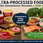 Assortment of packaged convenience foods alongside fresh vegetables, fruit and whole foods, illustrating the contrast between ultra-processed and minimally processed diets.