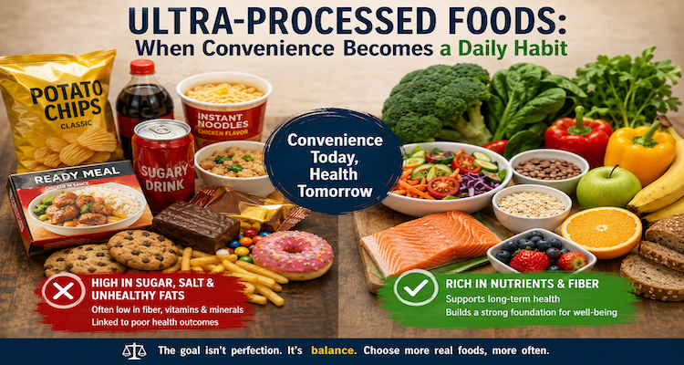 Assortment of packaged convenience foods alongside fresh vegetables, fruit and whole foods, illustrating the contrast between ultra-processed and minimally processed diets.