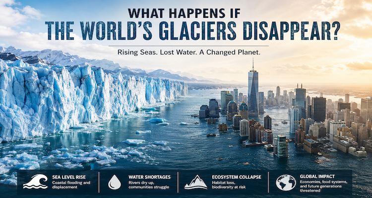 A retreating mountain glacier surrounded by exposed rock and meltwater, illustrating the environmental consequences of glacier loss.