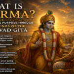 Arjuna and Krishna in conversation on the battlefield of Kurukshetra, symbolizing the Bhagavad Gita's teachings on dharma and duty.