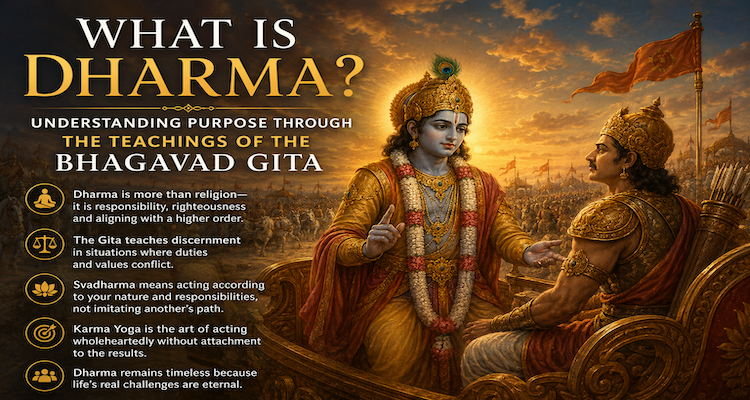 Arjuna and Krishna in conversation on the battlefield of Kurukshetra, symbolizing the Bhagavad Gita's teachings on dharma and duty.