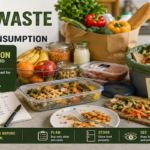 Assorted fresh food and leftovers in a household kitchen, illustrating the gap between food purchasing and food consumption.