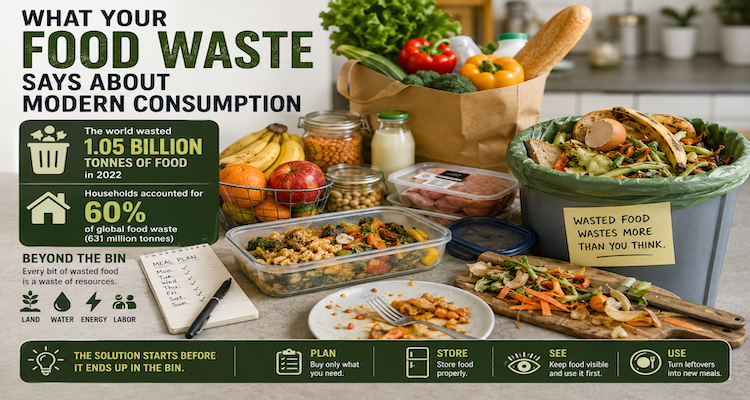 Assorted fresh food and leftovers in a household kitchen, illustrating the gap between food purchasing and food consumption.