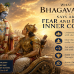 Symbolic depiction of Arjuna and Krishna at Kurukshetra representing the Bhagavad Gita's teachings on fear, duty and inner courage