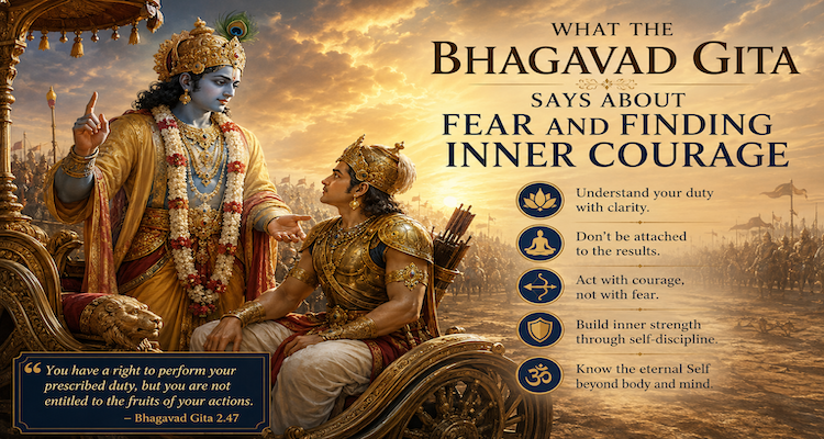 Symbolic depiction of Arjuna and Krishna at Kurukshetra representing the Bhagavad Gita's teachings on fear, duty and inner courage