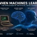 Timeline illustrating the evolution of artificial intelligence from early symbolic computers to neural networks, transformers and modern generative AI