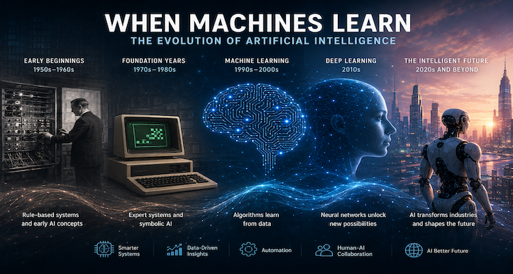 Timeline illustrating the evolution of artificial intelligence from early symbolic computers to neural networks, transformers and modern generative AI