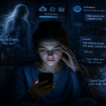 A person illuminated by a smartphone screen as ghostlike digital notifications, AI symbols and data traces surround them in a dark room.