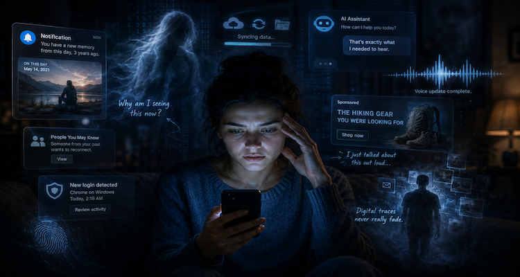 A person illuminated by a smartphone screen as ghostlike digital notifications, AI symbols and data traces surround them in a dark room.