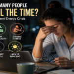 Tired office worker sitting at a desk in the evening, illustrating persistent fatigue, sleep disruption and modern work-related exhaustion.