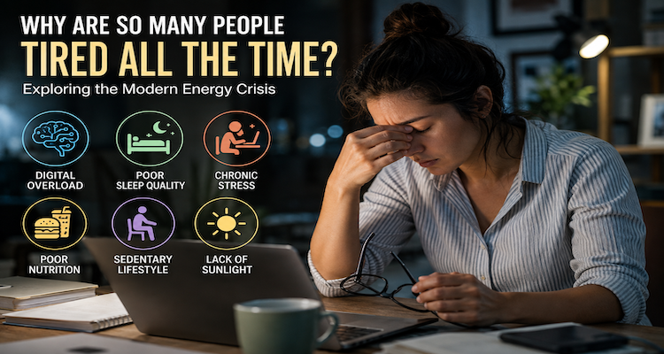 Tired office worker sitting at a desk in the evening, illustrating persistent fatigue, sleep disruption and modern work-related exhaustion.