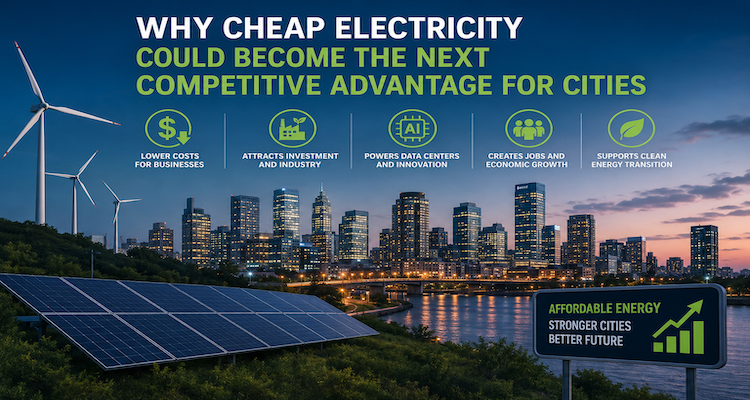 Modern city skyline beside electricity transmission infrastructure and renewable energy facilities, illustrating the growing economic importance of affordable power.