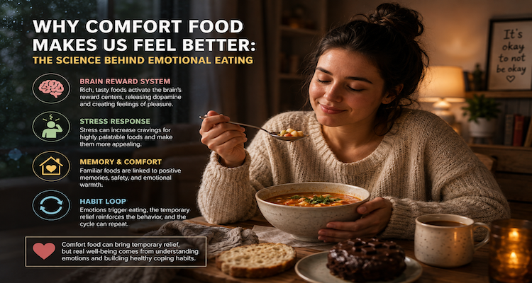 Person enjoying a warm bowl of comfort food while reflecting on the connection between emotions, stress and eating.