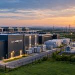 AI data center campus connected to high-voltage transmission lines and new power infrastructure