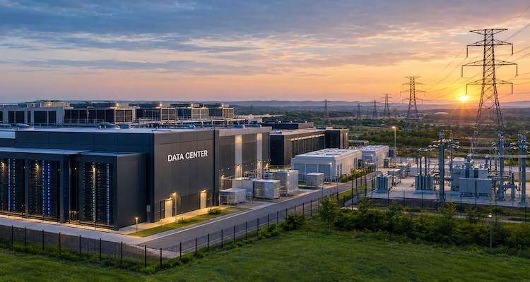 AI data center campus connected to high-voltage transmission lines and new power infrastructure