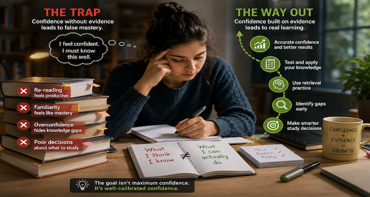 Student studying with notes beside a practice test, illustrating the gap between confidence and actual learning