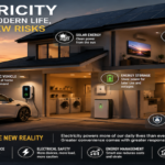 Modern home with electric vehicle charging, solar panels, smart devices, and connected energy systems showing the growing role of electricity in daily life.