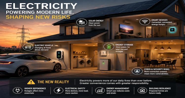 Modern home with electric vehicle charging, solar panels, smart devices, and connected energy systems showing the growing role of electricity in daily life.