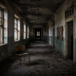 An empty, decaying corridor in an abandoned building with dark doorways and signs of neglect, illustrating the psychology of eerie spaces.