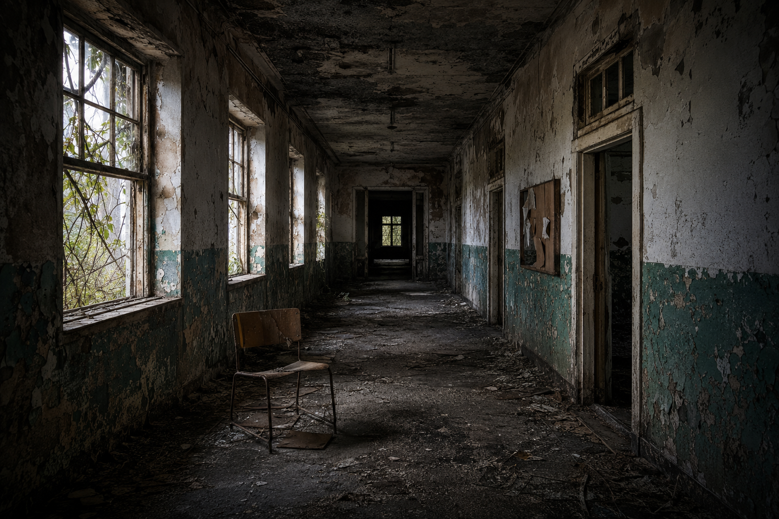 An empty, decaying corridor in an abandoned building with dark doorways and signs of neglect, illustrating the psychology of eerie spaces.