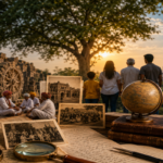 Historic archive, cultural artifacts and generations of people representing the connection between past, present and future