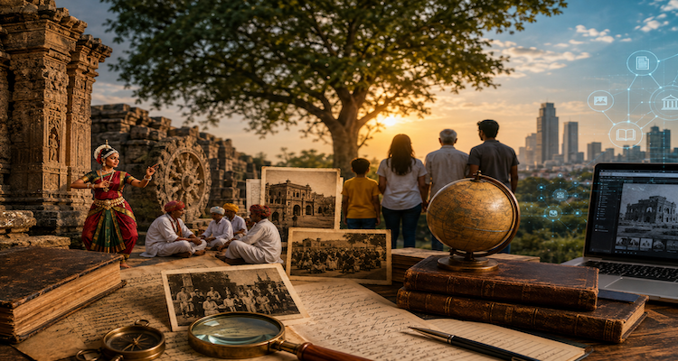 Historic archive, cultural artifacts and generations of people representing the connection between past, present and future