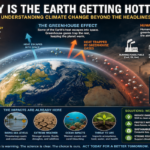 Illustration of Earth surrounded by its atmosphere, showing incoming sunlight and infrared heat retained by increasing greenhouse gases.