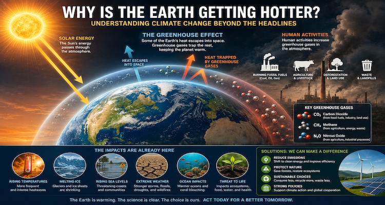 Illustration of Earth surrounded by its atmosphere, showing incoming sunlight and infrared heat retained by increasing greenhouse gases.