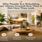 Modern home interior designed for emotional wellbeing with natural light, plants, comfortable furniture, and calming living spaces.