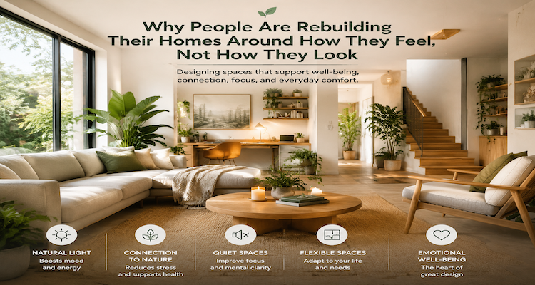 Modern home interior designed for emotional wellbeing with natural light, plants, comfortable furniture, and calming living spaces.