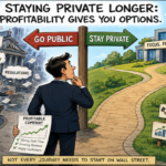 Business executives reviewing financial growth charts while a company remains outside the public stock market.