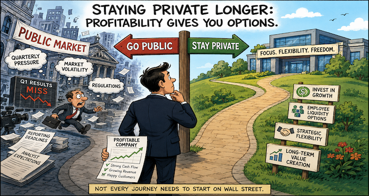 Business executives reviewing financial growth charts while a company remains outside the public stock market.