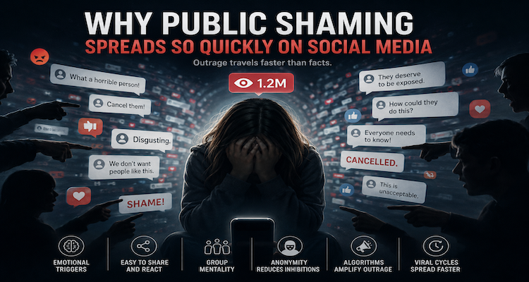 A social media user surrounded by rapidly multiplying comments, notifications and reposts representing the spread of online public shaming.