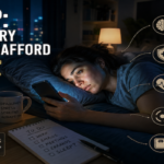 A tired person sitting awake in bed at night while a smartphone screen glows beside them, illustrating the challenge of protecting healthy sleep.