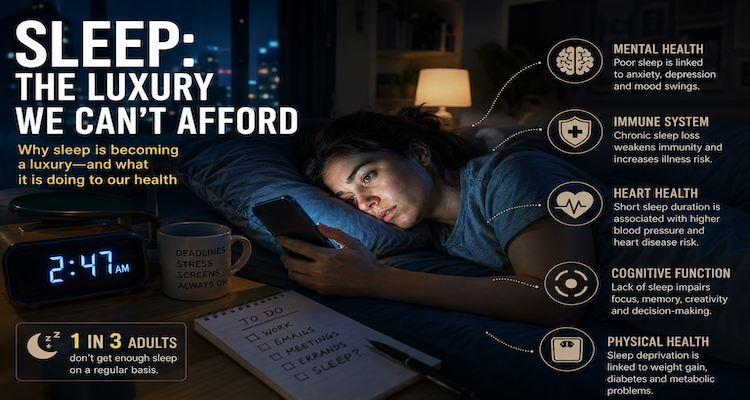 A tired person sitting awake in bed at night while a smartphone screen glows beside them, illustrating the challenge of protecting healthy sleep.