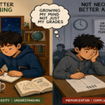 Student studying independently with books and a laptop while school grades remain unchanged