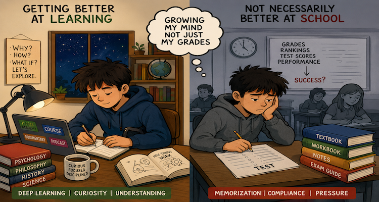 Student studying independently with books and a laptop while school grades remain unchanged