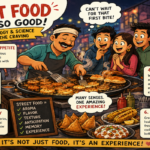 Street food vendor cooking fresh snacks on a hot griddle as customers watch, surrounded by steam and aromatic ingredients.