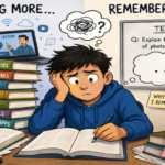 Student studying with a laptop and smartphone while trying to recall information from notes