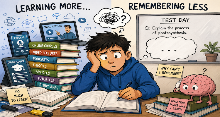 Student studying with a laptop and smartphone while trying to recall information from notes