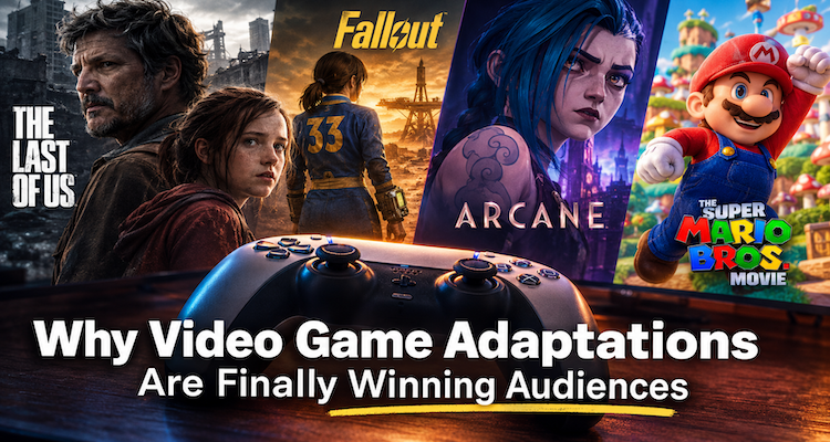 A cinematic collage representing video game worlds transitioning into television and film, with a game controller in the foreground and dramatic screen characters beyond it.