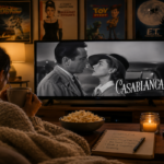 Person relaxing on a sofa while rewatching a familiar classic movie on television, representing comfort entertainment and nostalgia.