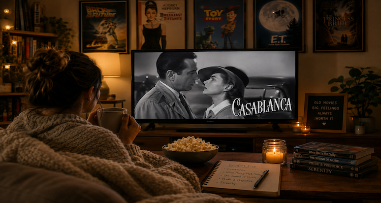 Person relaxing on a sofa while rewatching a familiar classic movie on television, representing comfort entertainment and nostalgia.