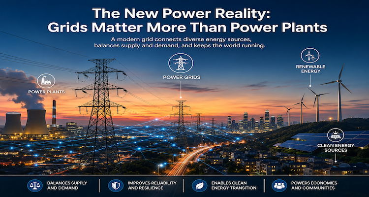 Modern high-voltage transmission grid connecting renewable power generation with cities and large electricity consumers