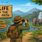 Wildlife traveler observing animals from a respectful distance in a remote natural landscape surrounded by connected habitat