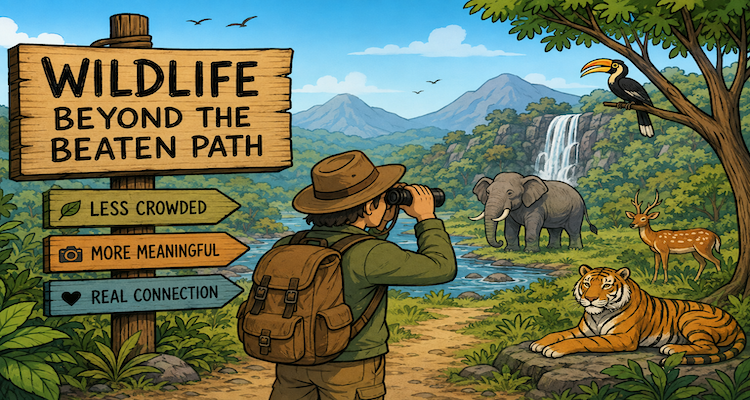 Wildlife traveler observing animals from a respectful distance in a remote natural landscape surrounded by connected habitat