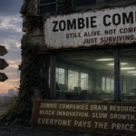A struggling office building surrounded by healthy growing businesses, illustrating the economic pressure and persistence of zombie companies.