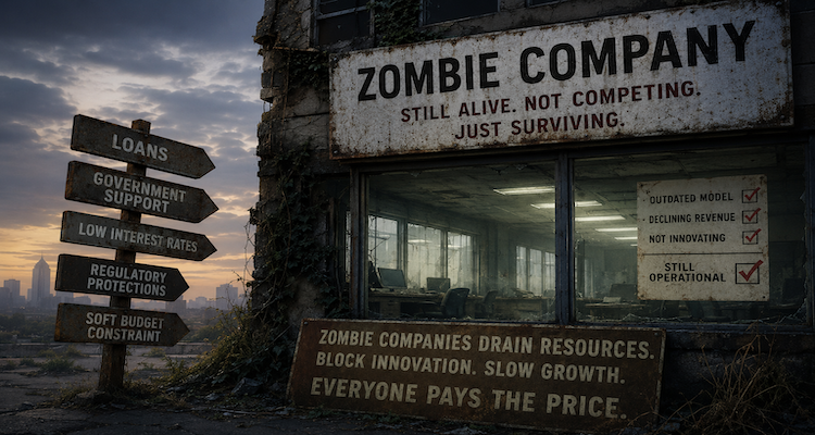 A struggling office building surrounded by healthy growing businesses, illustrating the economic pressure and persistence of zombie companies.