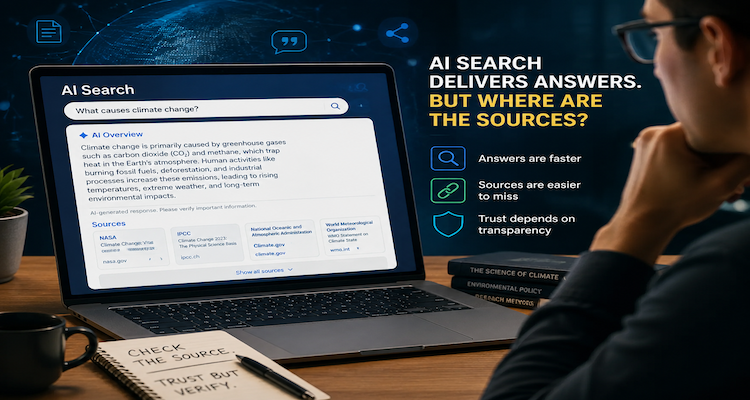 A person viewing an AI-generated search answer with source links and digital information networks in the background.