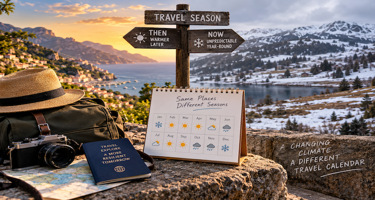 Travelers walking through a European coastal destination during a warm shoulder season as climate change reshapes tourism patterns